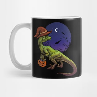 Halloween raptor t rex with pumpkin jack o'lantern and sweets Mug